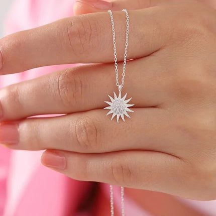 925 Sterling Silver Sun Pendant Necklace with White Zircon Stone