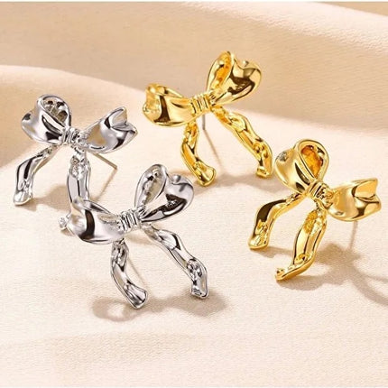 Gold Small Bow Drop Earrings for Women Elegant Delicate Jewelry
