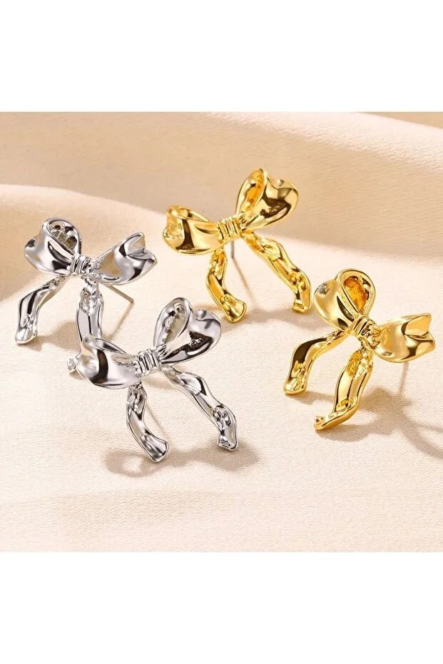 Gold Small Bow Drop Earrings for Women Elegant Delicate Jewelry