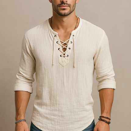 Men’s Lace-Up Linen Shirt – Casual Vintage Look, Short Sleeves