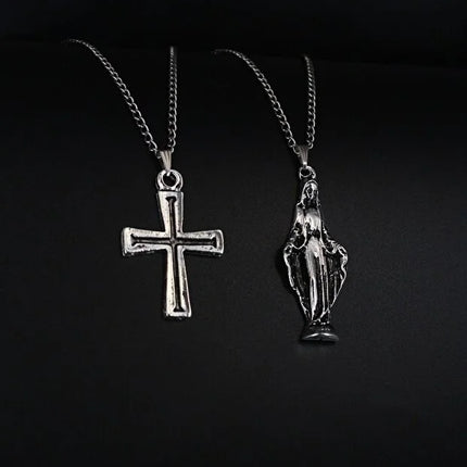 2 Piece Cross and Virgin Mary Necklace Set Men Religious Style Jewelry