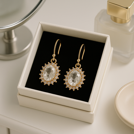 Elegant Bridal Earrings, Oval Crystal & Cubic Zirconia