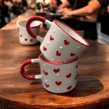 Set of 2 Handmade Ceramic Mugs with Heart and Polka Dot Patterns