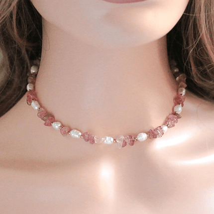 Natural Strawberry Quartz Crystal & Freshwater Pearls Choker