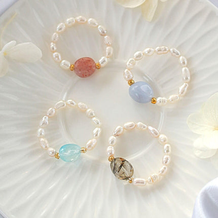 Elastic Rings with Natural Crystals & Freshwater Pearls