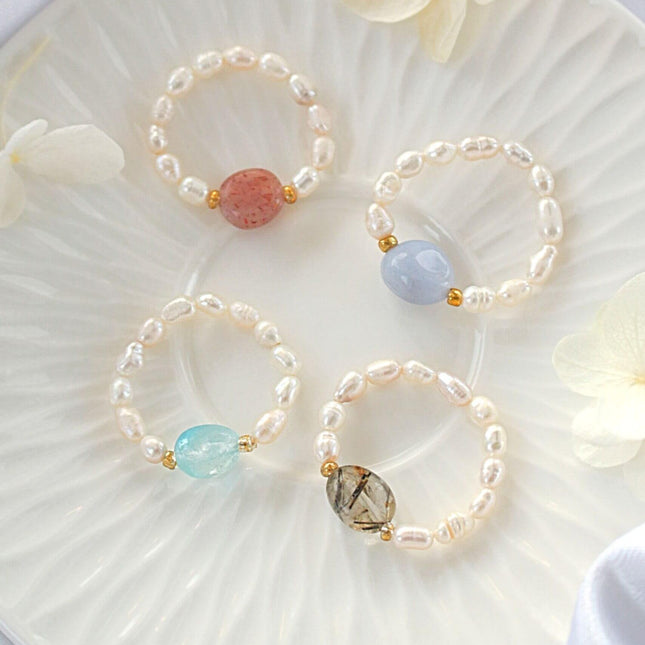Elastic Rings with Natural Crystals & Freshwater Pearls