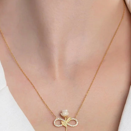 925 Sterling Silver Gold Plated White Rose Infinity Necklace Zircon