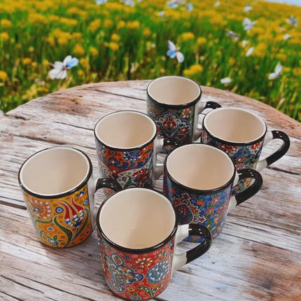 Set of 6 Handmade Ceramic Ethnic Mugs for Cultural Home Decor