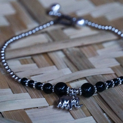 Black Elephant Pendant Boho Silver Anklet