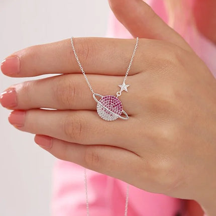 925 Sterling Silver Planet Necklace with Gradient Red Stone