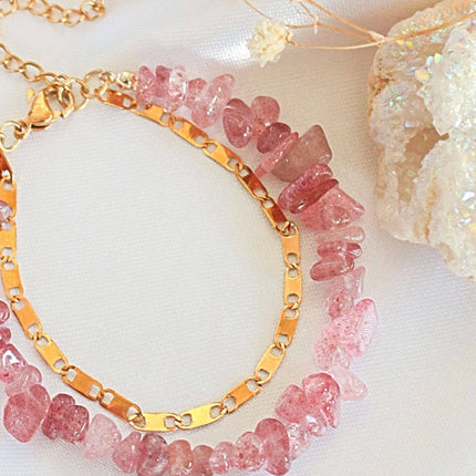 Strawberry Quartz & 24 Karats Double-Layered Bracelet