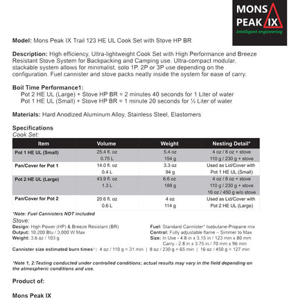 Mons Peak IX Trail 123 HE UL Cook Set with Stove