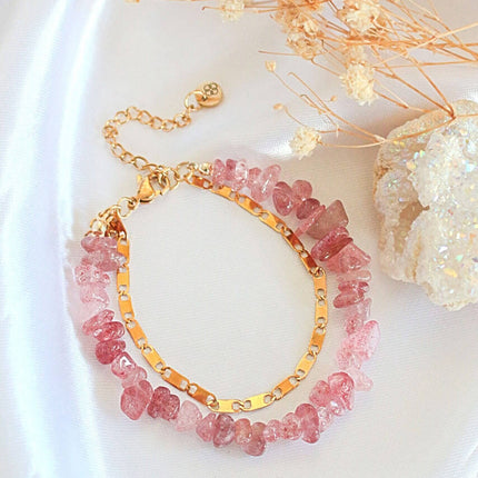 Strawberry Quartz & 24 Karats Double-Layered Bracelet