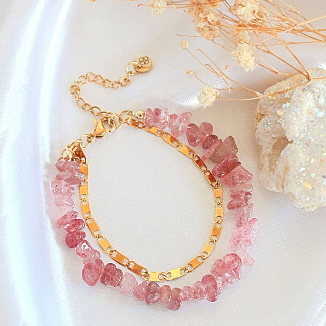 Strawberry Quartz & 24 Karats Double-Layered Bracelet