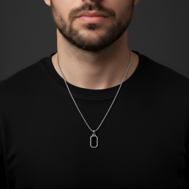 Stainless Steel Black Stone Rectangular Pendant Chain