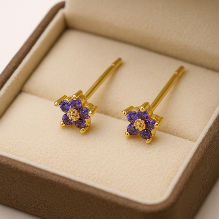 Purple Cubic Zirconia Flower Earrings, 18K Gold