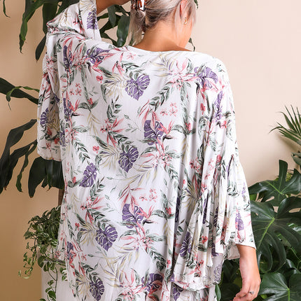 Tropical Leaves Draped Sleeve Kimono