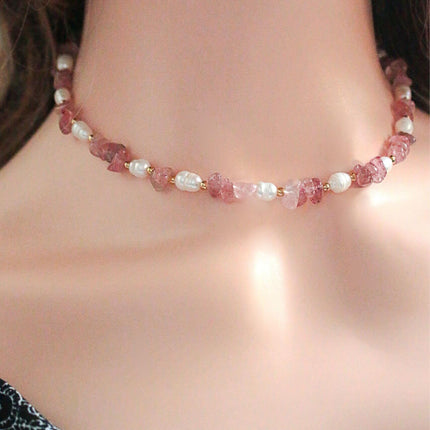 Natural Strawberry Quartz Crystal & Freshwater Pearls Choker