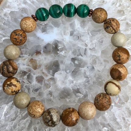 Genuine Malachite & Picture Jasper Stretch Bracelet! Rare Gemstone!