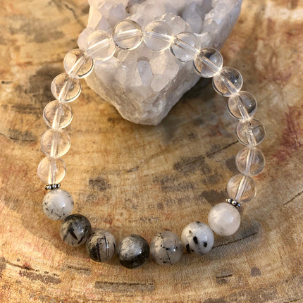 Black Tourmaline & Crystal Quartz Stretch Bracelet! Genuine Crystals!