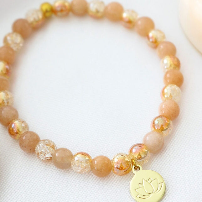 Sunstone Elastic Bracelet | 24K Lotus Flower Charm