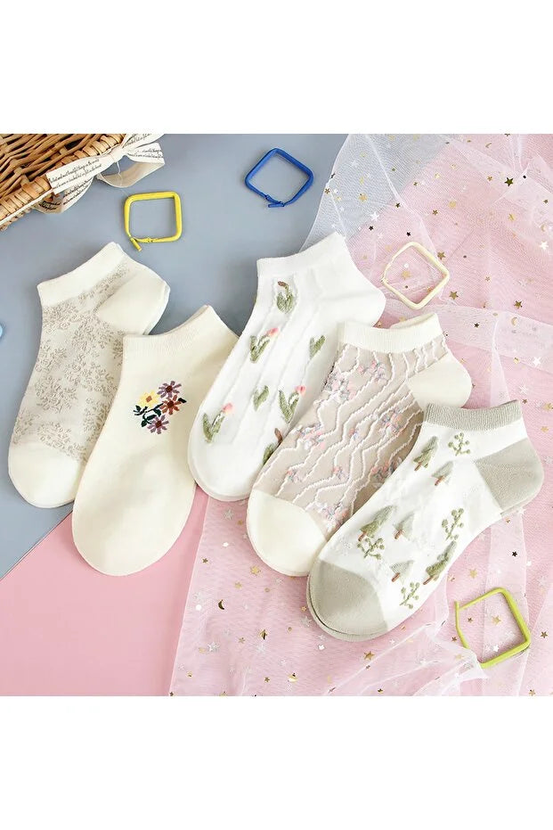 5 Pair Women Flower Pattern Short Socks Comfortable Daily Wear
