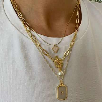 Pole Star Pearl Enamel Necklace Set Three Piece Layered Jewelry