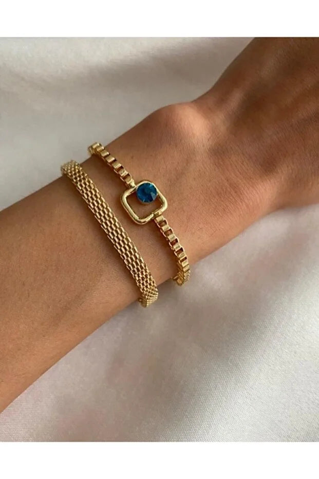 Blue Sparkle Bracelet Set Adjustable Two Piece Minimalist Jewelry