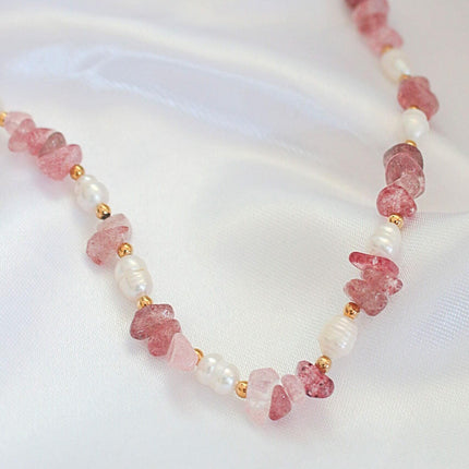 Natural Strawberry Quartz Crystal & Freshwater Pearls Choker