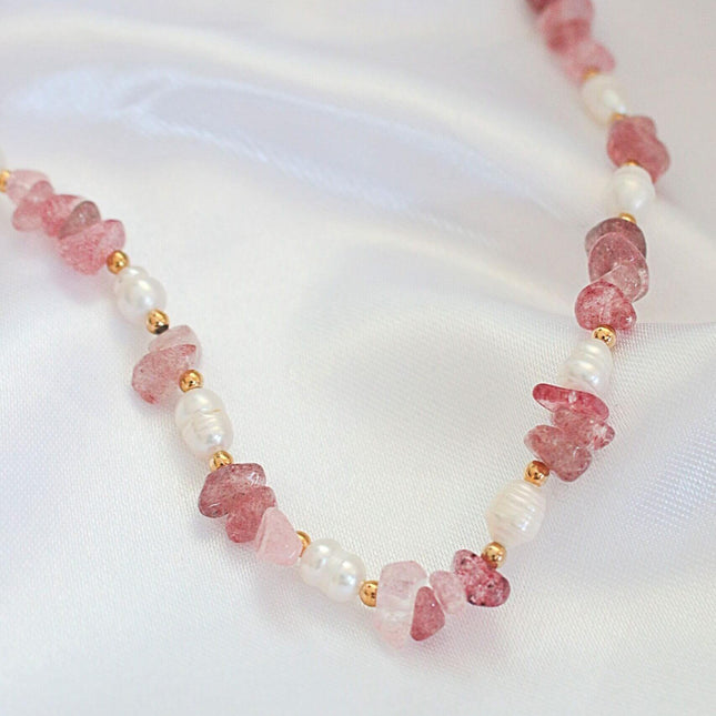 Natural Strawberry Quartz Crystal & Freshwater Pearls Choker