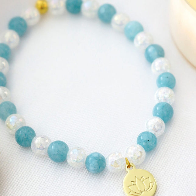 Aquamarine Elastic Bracelet | 24K Lotus Flower Charm