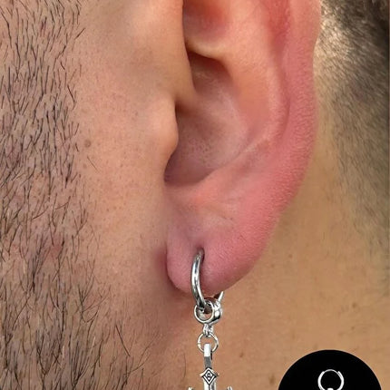 Men Stainless Steel Cross Dangle Hoop Earring Durable Modern Design
