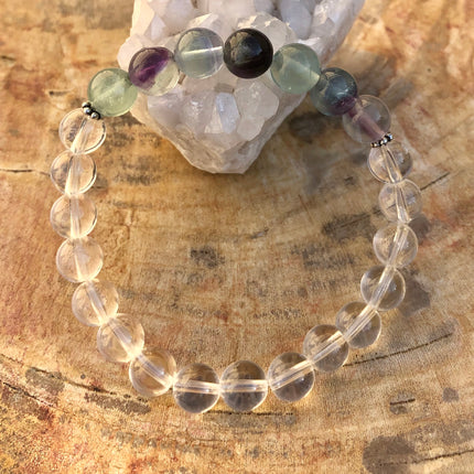 Rainbow Fluorite & Crystal Quartz Stretch Bracelet! Natural Gemstones!