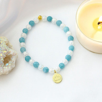 Aquamarine Elastic Bracelet | 24K Lotus Flower Charm
