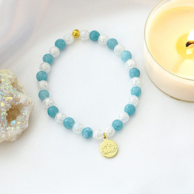 Aquamarine Elastic Bracelet | 24K Lotus Flower Charm