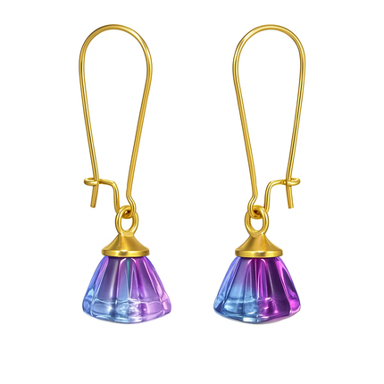 Handmade Earrings with Blue-Magenta Pendant, 18K Gold-Plated Tassels