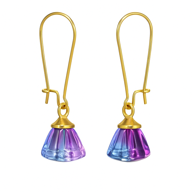 Handmade Earrings with Blue-Magenta Pendant, 18K Gold-Plated Tassels