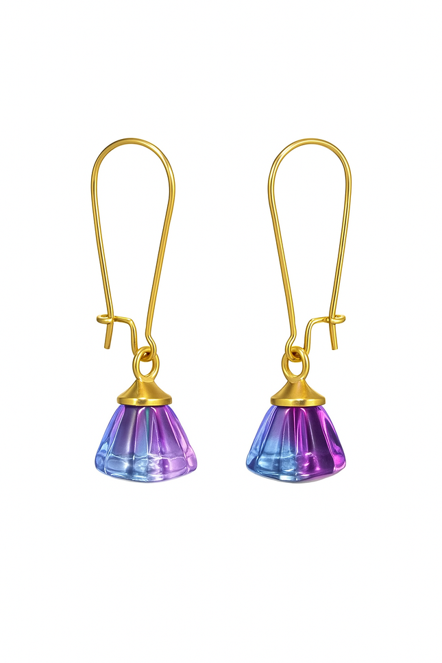 Handmade Earrings with Blue-Magenta Pendant, 18K Gold-Plated Tassels