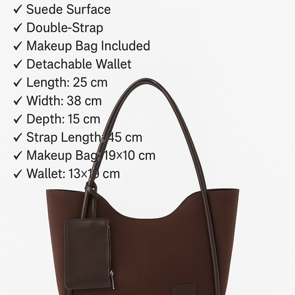 Brown suede SHK108 women hand and shoulder bag with wallet and makeup
