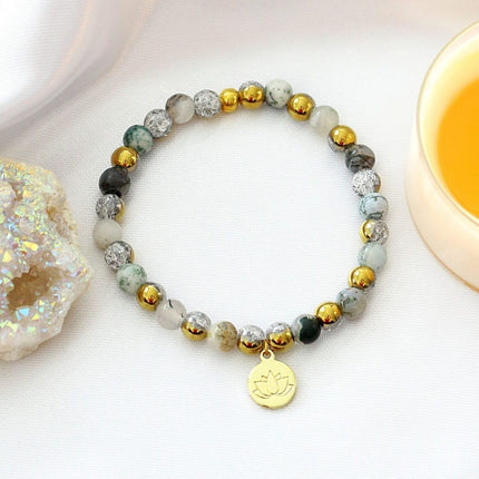 Mossy Agate Elastic Bracelet | 24K Lotus Flower Charm
