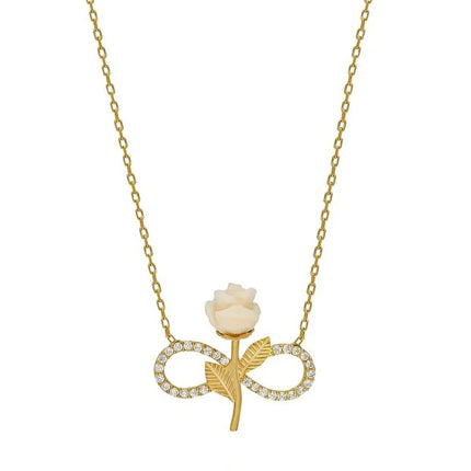 925 Sterling Silver Gold Plated White Rose Infinity Necklace Zircon