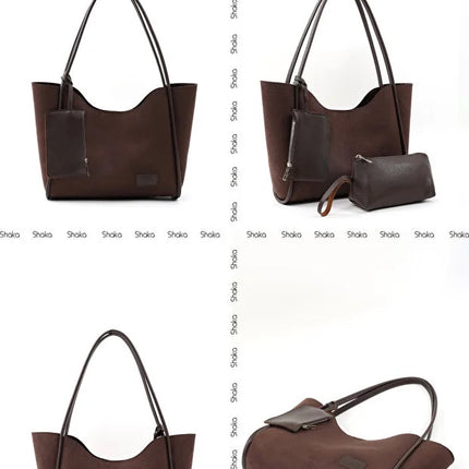 Brown suede SHK108 women hand and shoulder bag with wallet and makeup