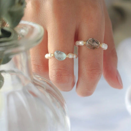 Elastic Rings with Natural Crystals & Freshwater Pearls