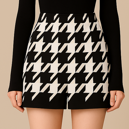 Houndstooth Woolen Cape Coat & Shorts – Elegant & Fashionable Set