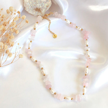 Natural Rose Quartz Crystal & Freshwater Pearls Choker