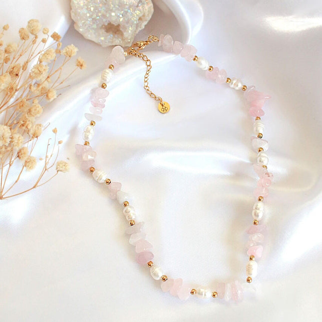 Natural Rose Quartz Crystal & Freshwater Pearls Choker