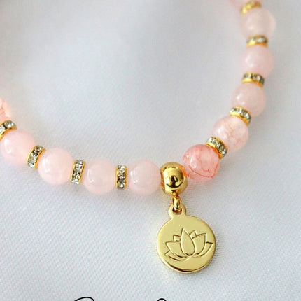 Rose Quartz – Amethyst Elastic Bracelet | 24K Lotus Flower Charm