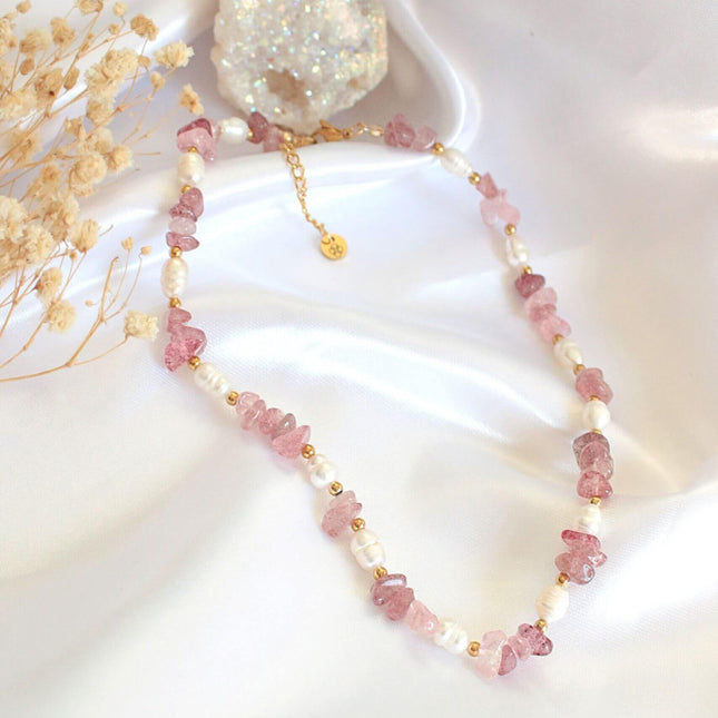 Natural Strawberry Quartz Crystal & Freshwater Pearls Choker