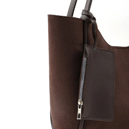 Brown suede SHK108 women hand and shoulder bag with wallet and makeup