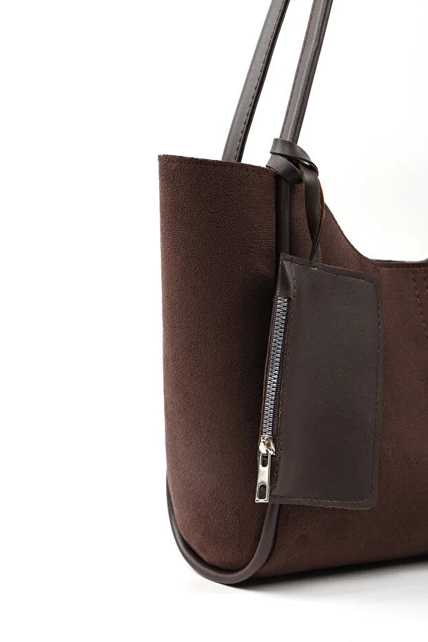 Brown suede SHK108 women hand and shoulder bag with wallet and makeup